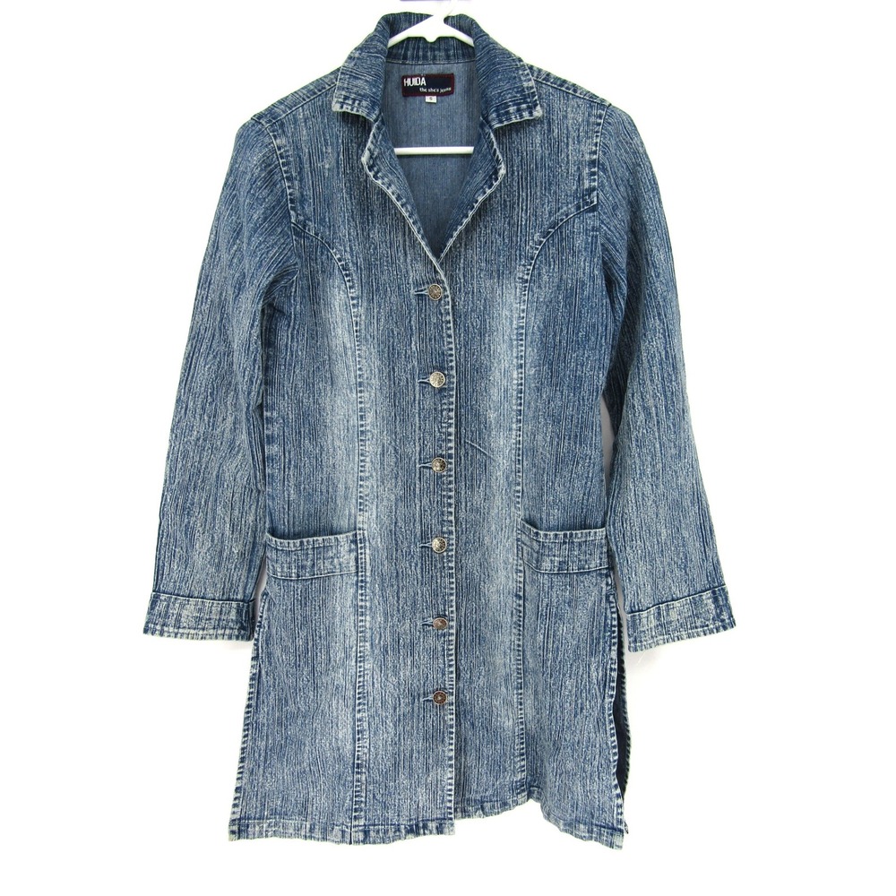 Huida Denim Long Jacket Womens Size S Blue Acid Wash Stretch Side Slits
